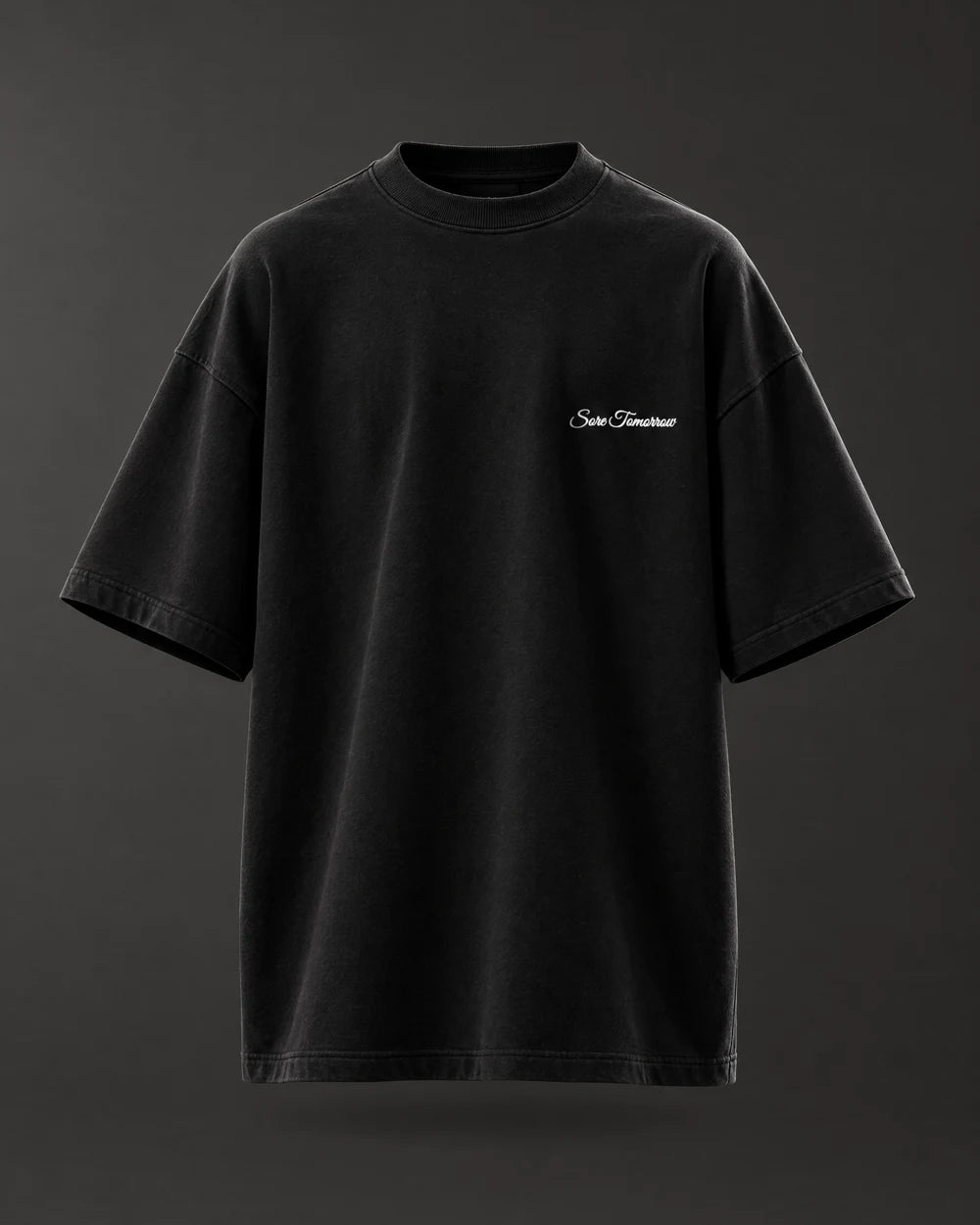 Sore Tomorrow oversized heavyweight tee in black, script logo on the chest